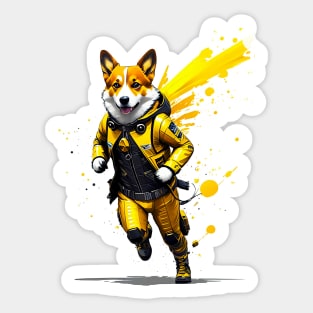 Speedy Corgi Racer in Bright Yellow Racing Suit Sticker